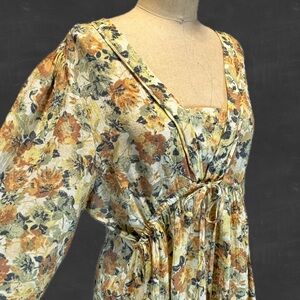 Earthy‎ floral boho kimono blouse slouchy drawstring top prairie milkmaid kaftan